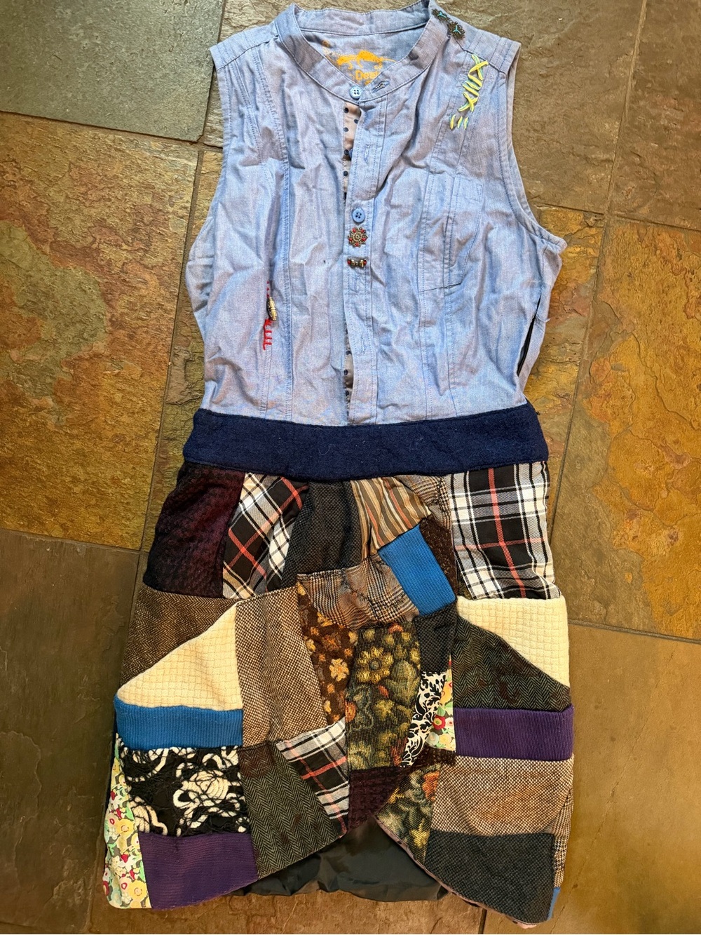 Desigual from Spain size 36 Patchwork Boho Sleeveless Dress with Chambray Bodice